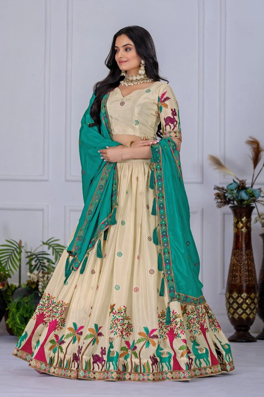 Woman wearing a traditional outfit with a green dupatta in a decorated room.
